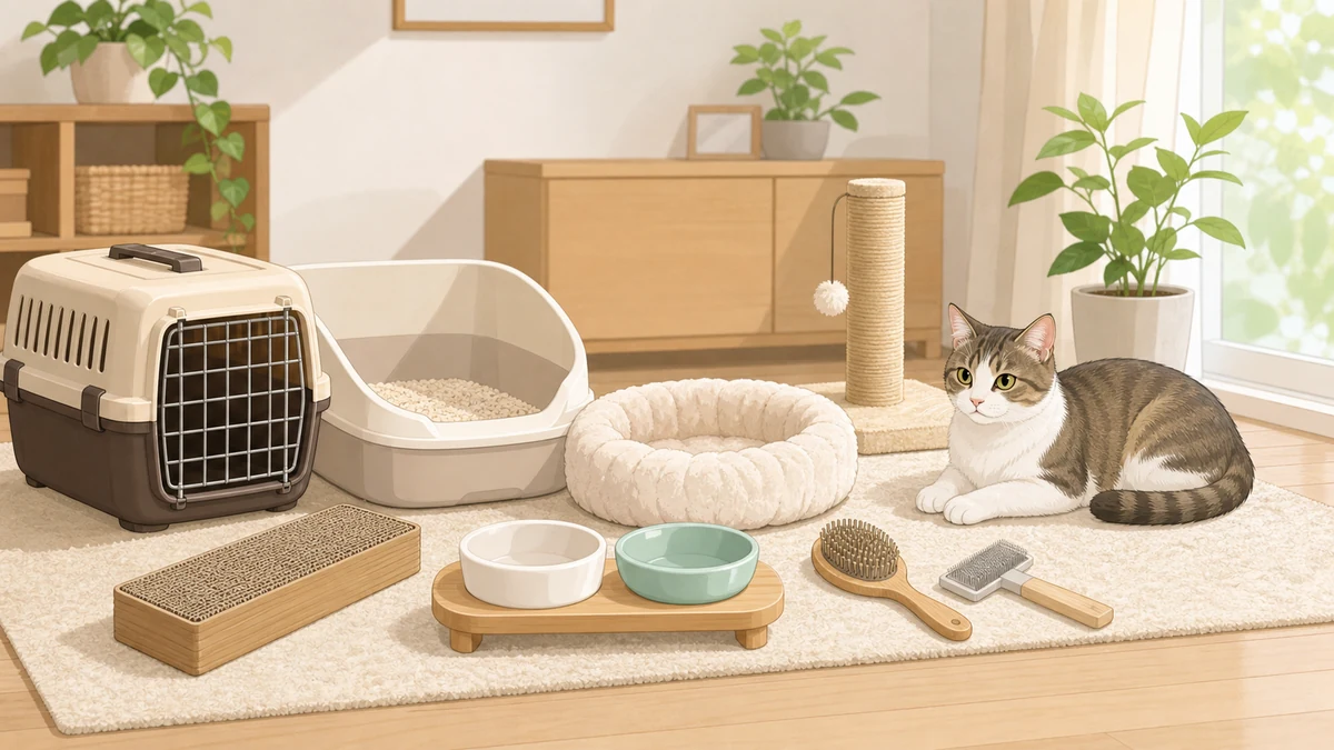 猫を迎えるための初期用品を室内に並べたイラスト
