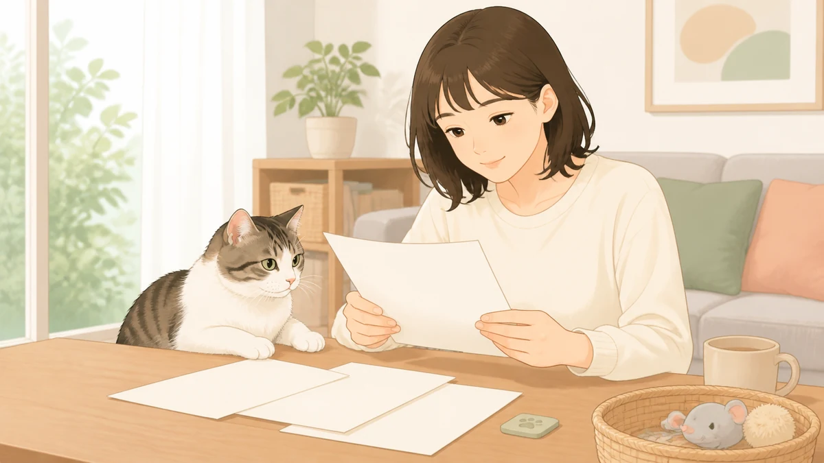 猫のマイクロチップ登録を確認するための書類と猫のイラスト