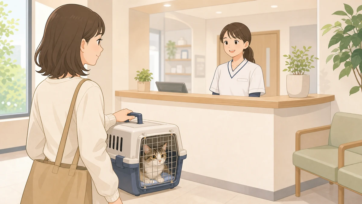 キャリーに入った猫と動物病院風の空間のイラスト