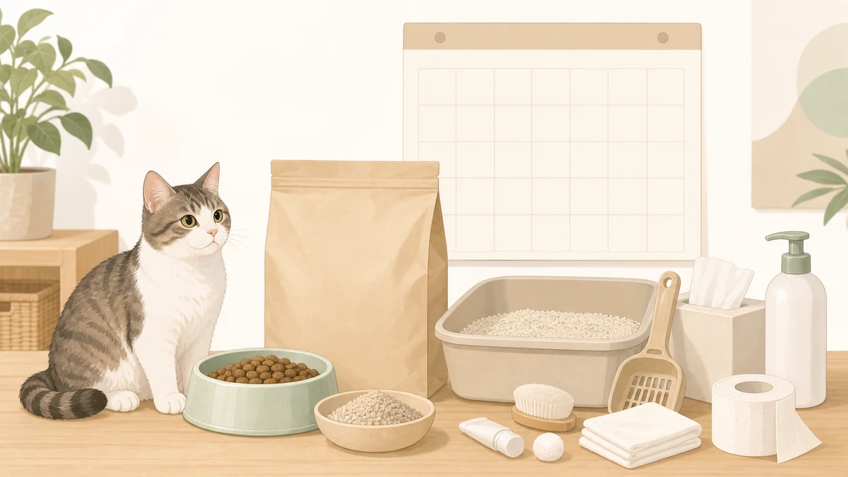 フードと猫砂など猫の毎月費用を整理したイラスト