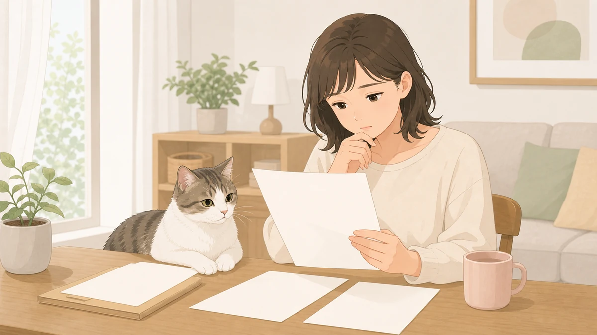猫のそばで保険書類を確認する飼い主のイラスト