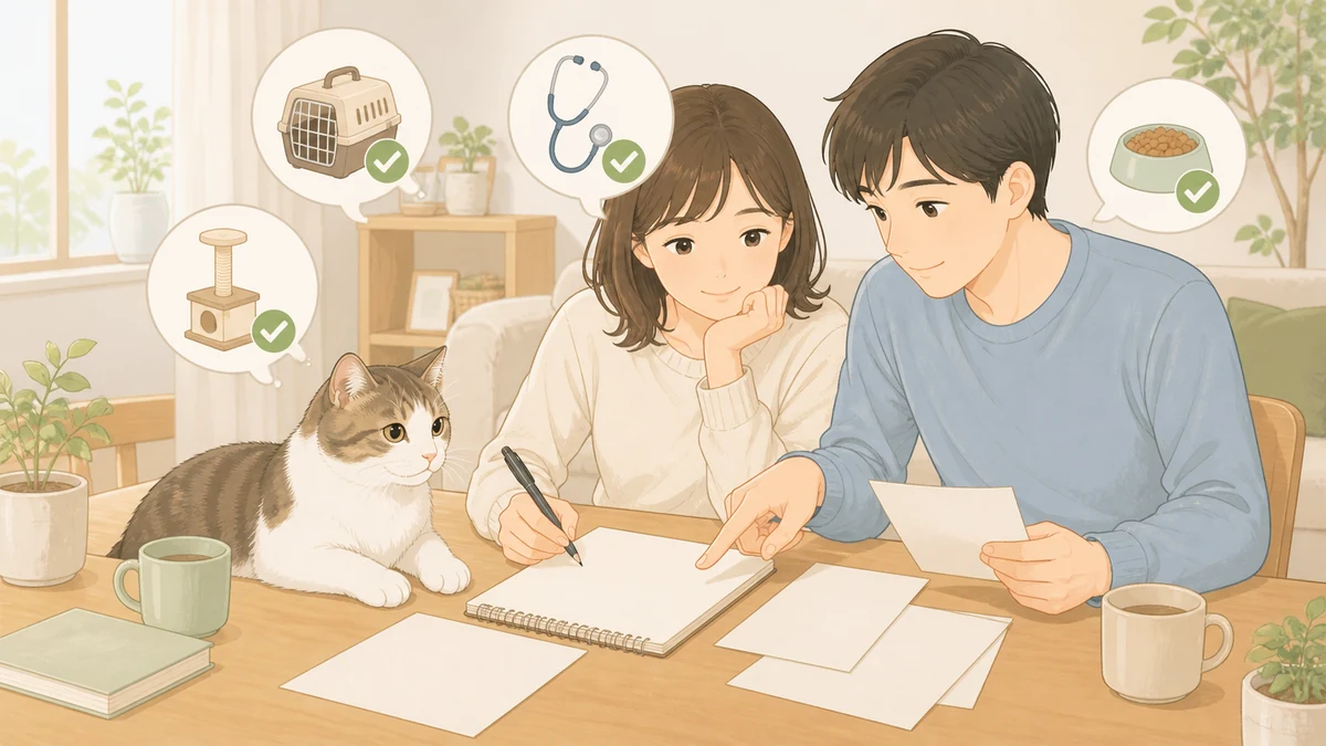 猫と暮らす前に家計チェックをする飼い主のイラスト