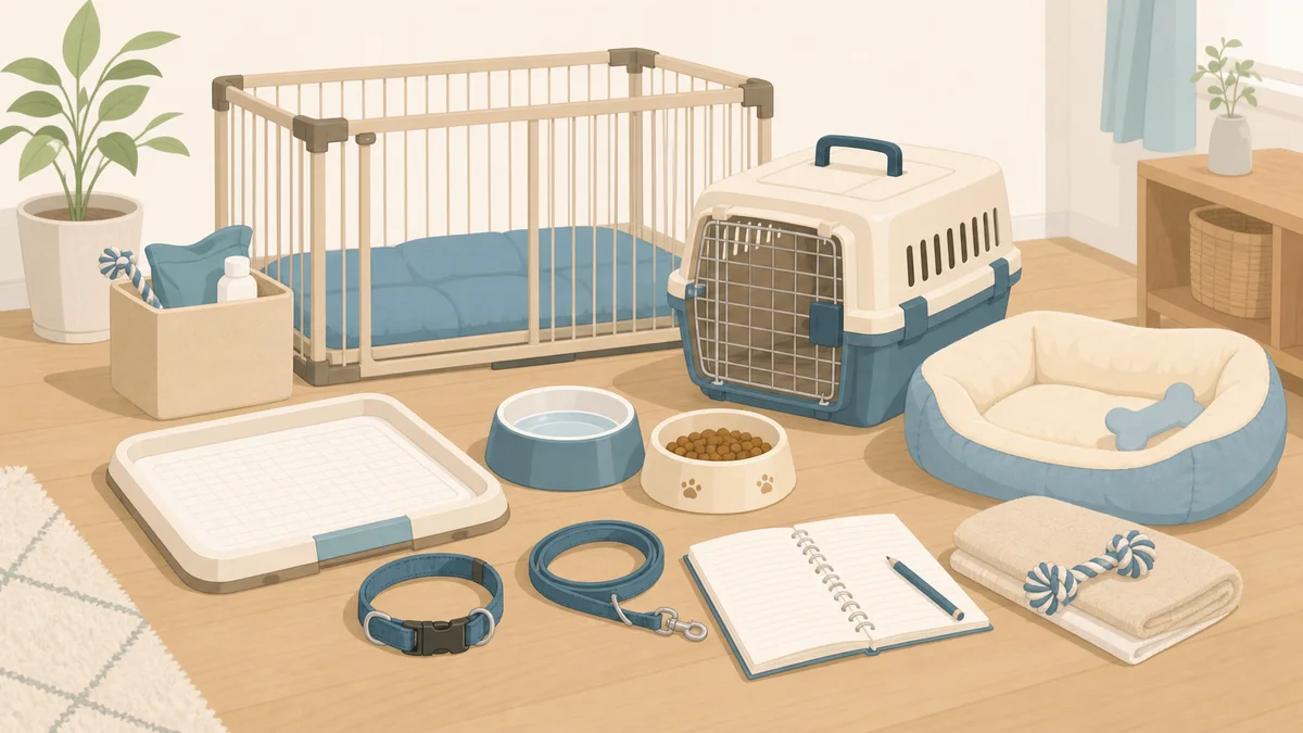 犬を迎える前にそろえたい初期用品を並べたイラスト