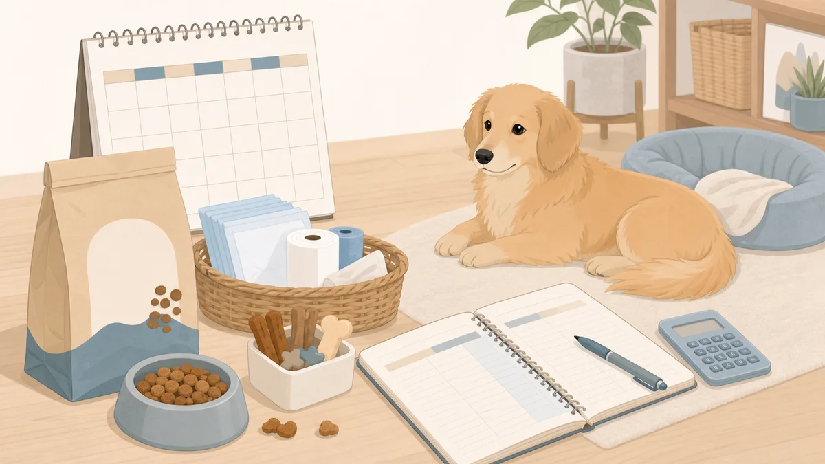犬の毎月かかる固定費をカレンダーと家計メモで整理するイラスト