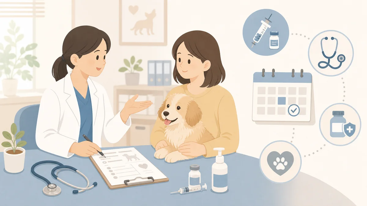 犬の医療費や予防費を動物病院と健康診断シートで表したイラスト