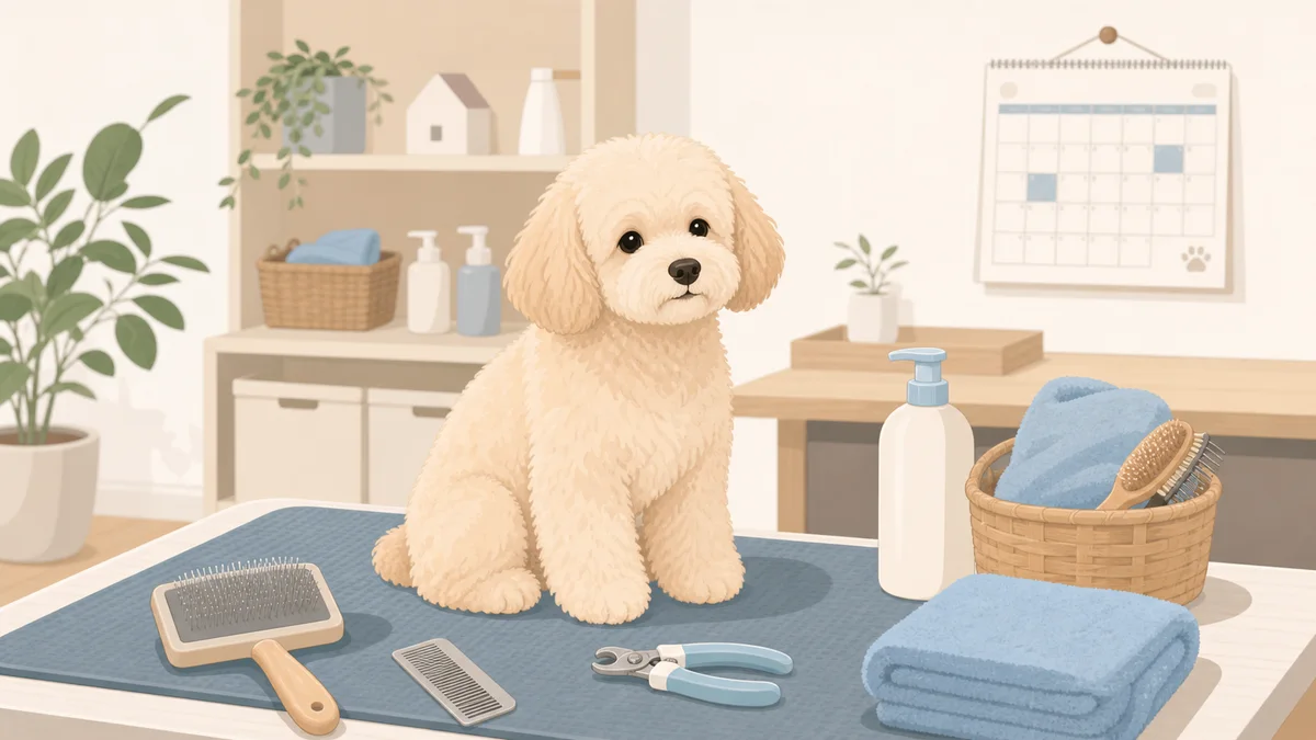 犬のトリミング代やケア用品を整理するイラスト