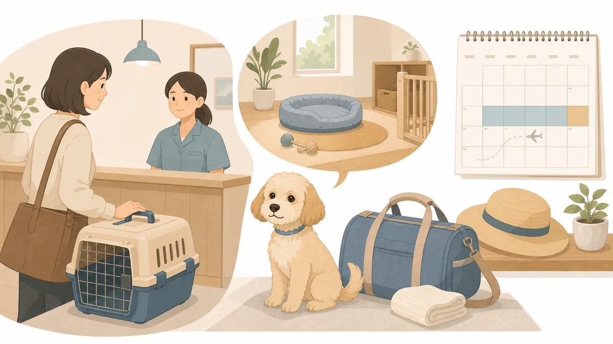 ペットホテルや預かり費用を旅行バッグとカレンダーで表したイラスト