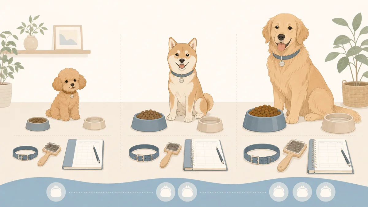 小型犬、中型犬、大型犬で費用が変わりやすい項目を示すイラスト