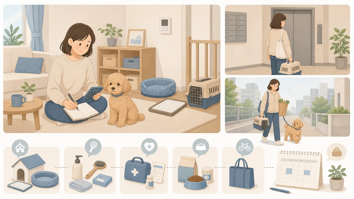 マンションや車なしの生活で犬の費用が変わることを示すイラスト