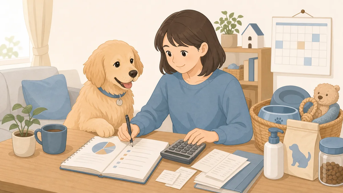 飼い主と犬が家計ノートを見ながら費用を確認しているイラスト