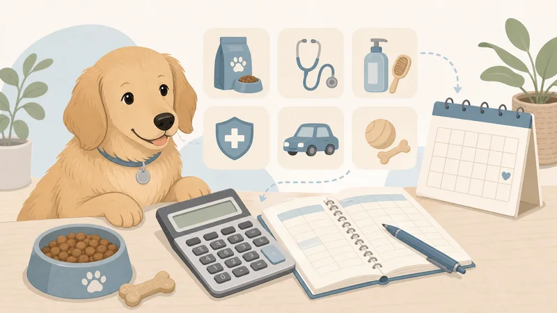 飼い主と犬が家計ノートを見ながら費用を確認しているイラスト