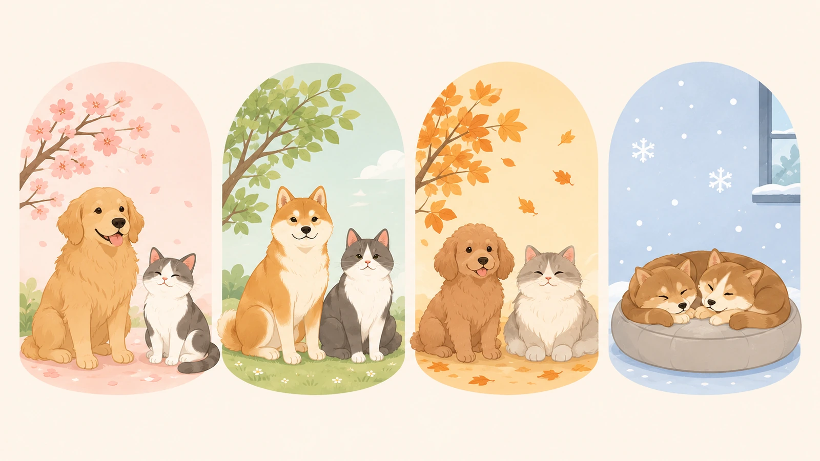 犬2匹、猫2匹、犬猫混在の生活パターンを穏やかに表現したイメージ