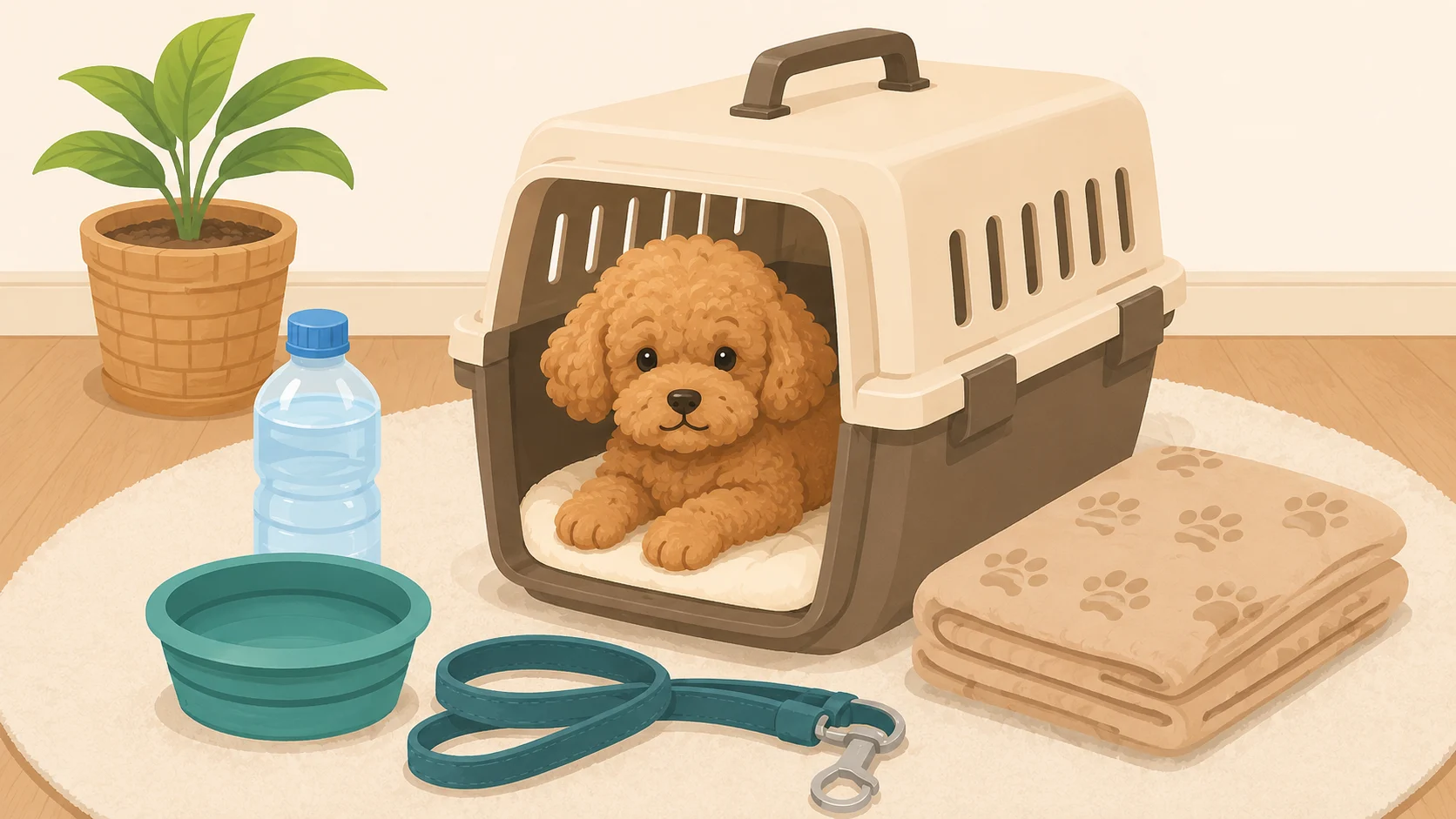 犬のキャリーと水、リード、マットを並べたイラスト