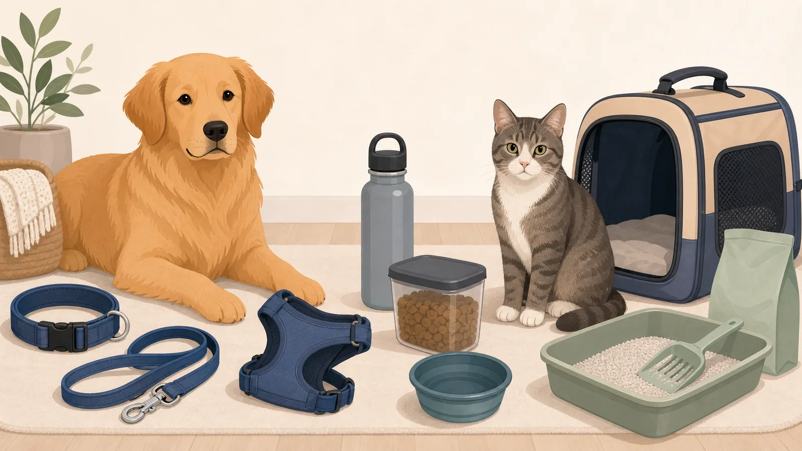 犬のリードやハーネスと猫のキャリーや猫砂を並べたイラスト