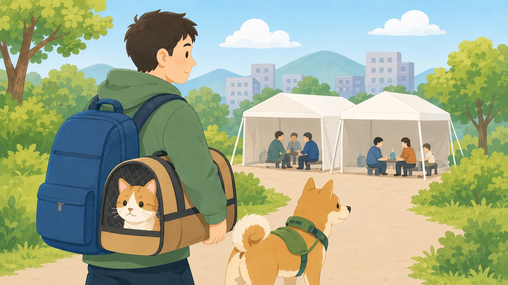 犬猫のキャリーと避難バッグを用意して避難先を確認している家族のイラスト