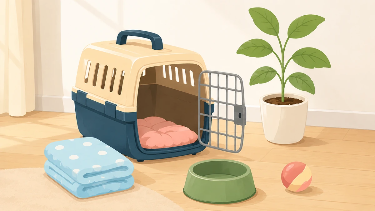 初月に必要になりやすいキャリーや食器などの用品を準備するイラスト